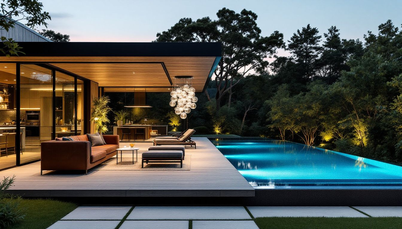 Outdoor living area with patio furniture and shade structure beside a fiberglass pool