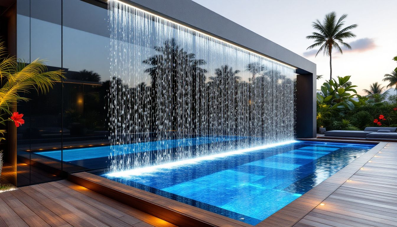 Rain curtain water feature creating a gentle cascade over a pool edge