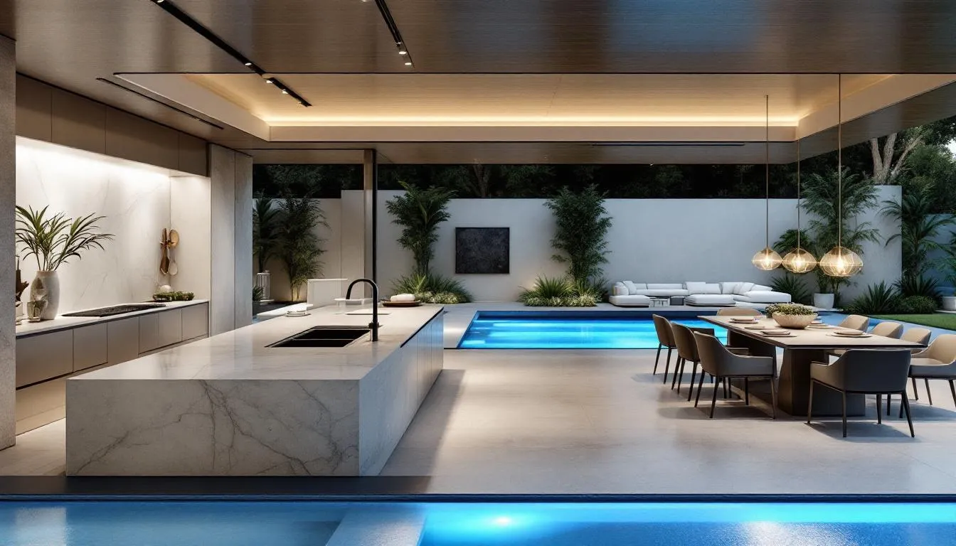 Outdoor kitchen with grill and bar area beside a residential swimming pool