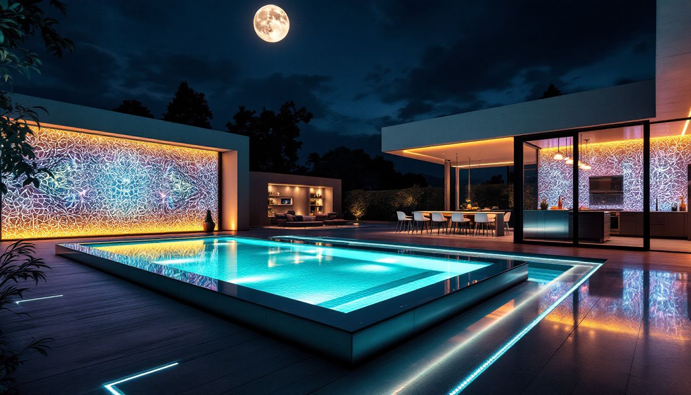 LED landscape lighting illuminating a pool deck and pathway at night