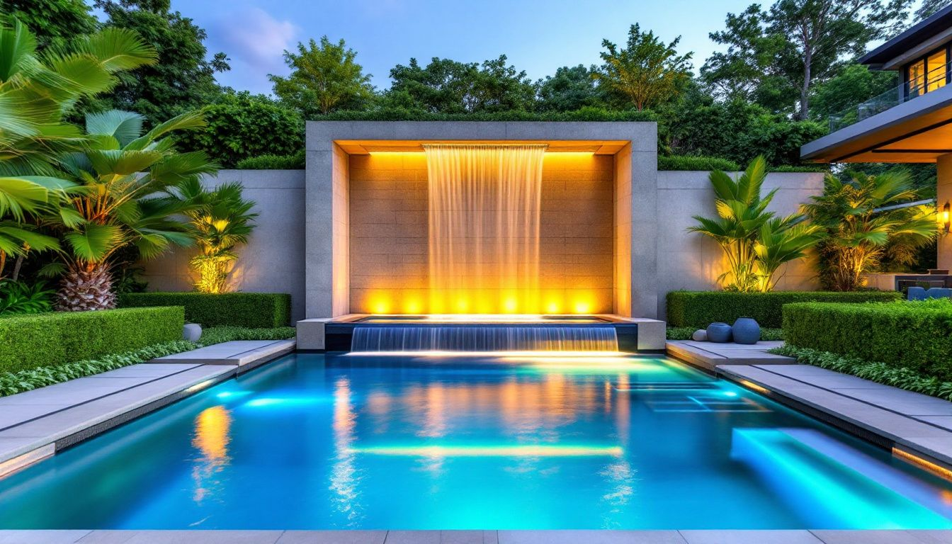 Natural rock cascading waterfall flowing into a fiberglass swimming pool