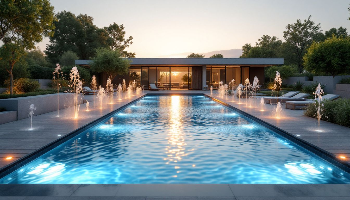 Bubbler jets and decorative fountain in a fiberglass pool shallow area