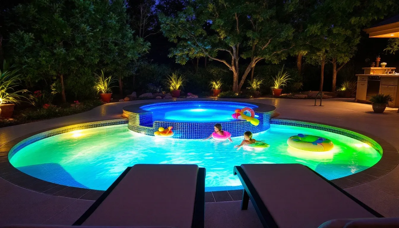 Fiberglass pool illuminated with vibrant LED underwater lighting at night