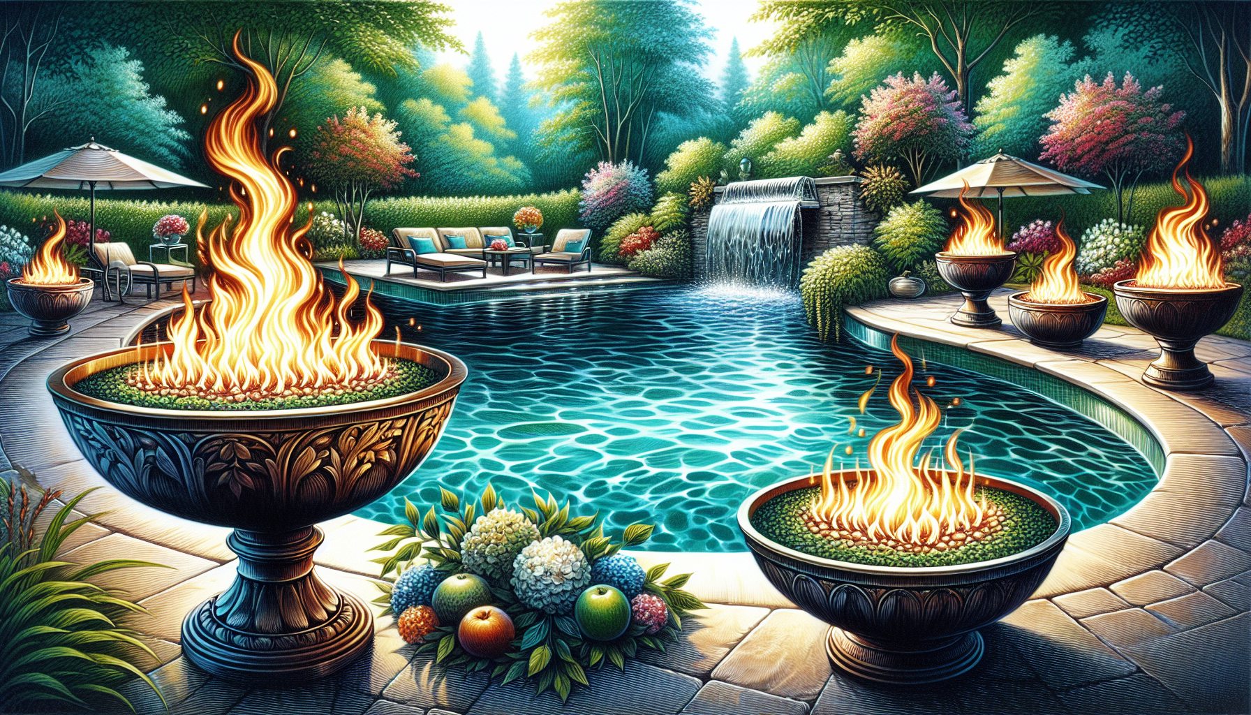 Fire bowls glowing beside a swimming pool at twilight