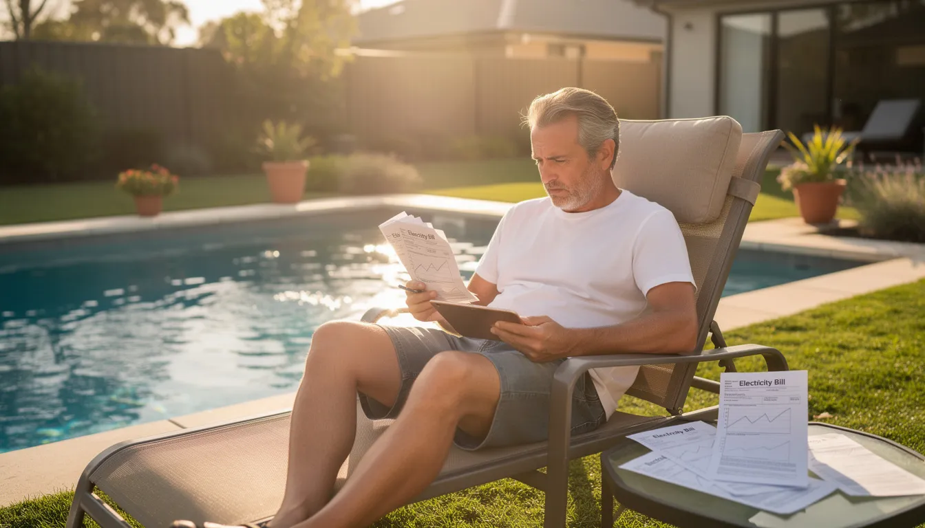 Homeowner reviewing pool energy savings on a utility bill