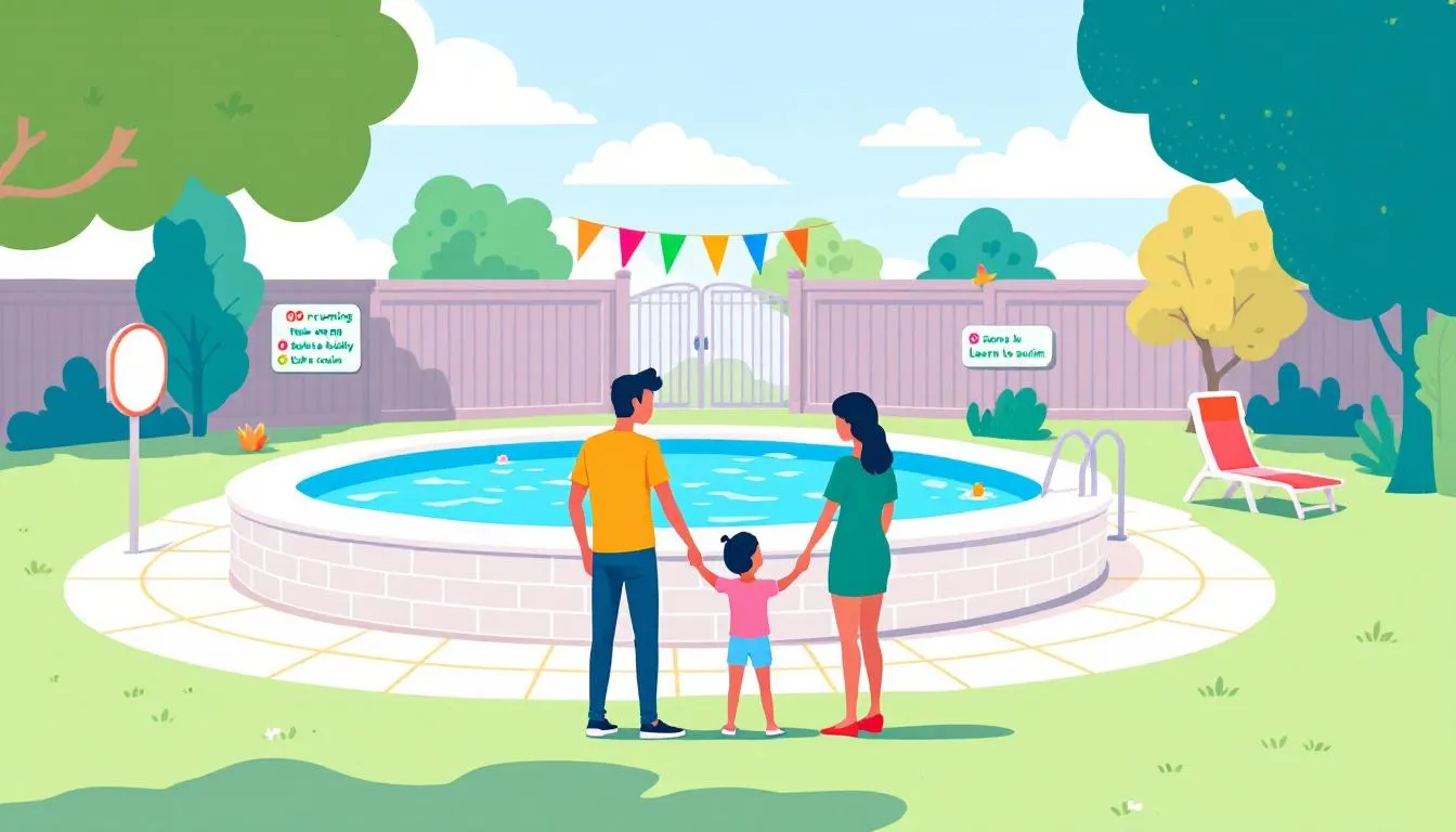 Adult supervising children swimming safely in a residential pool