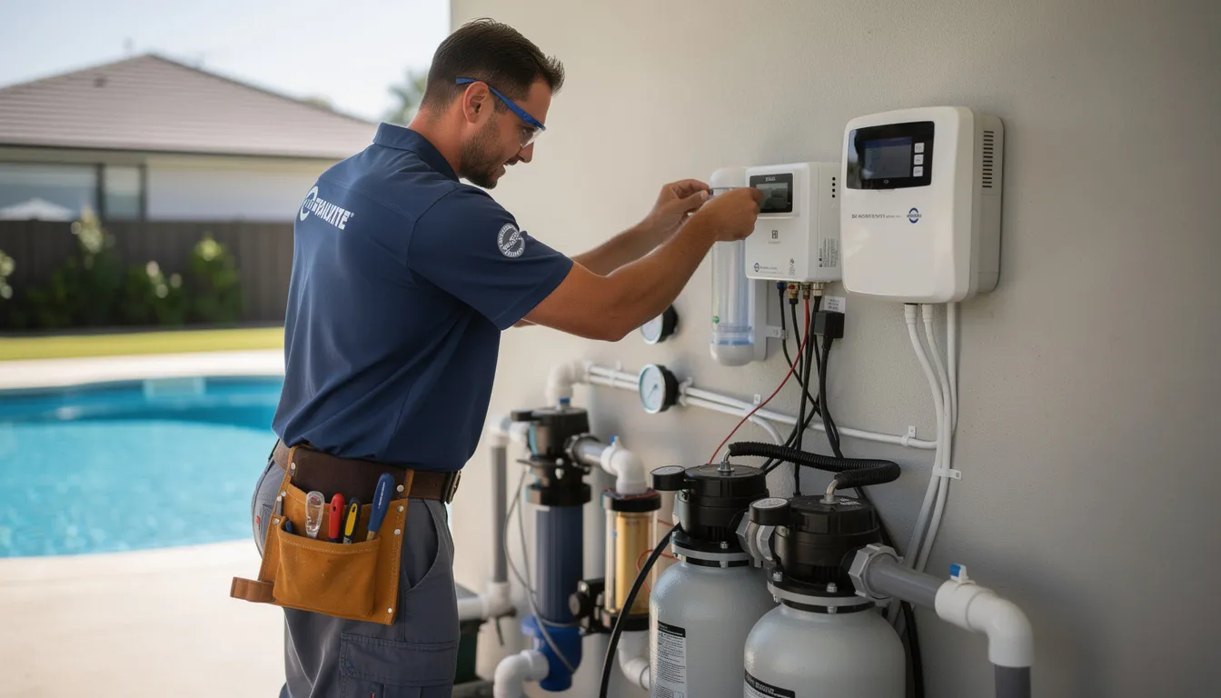 Professional installing a saltwater chlorination system on pool plumbing