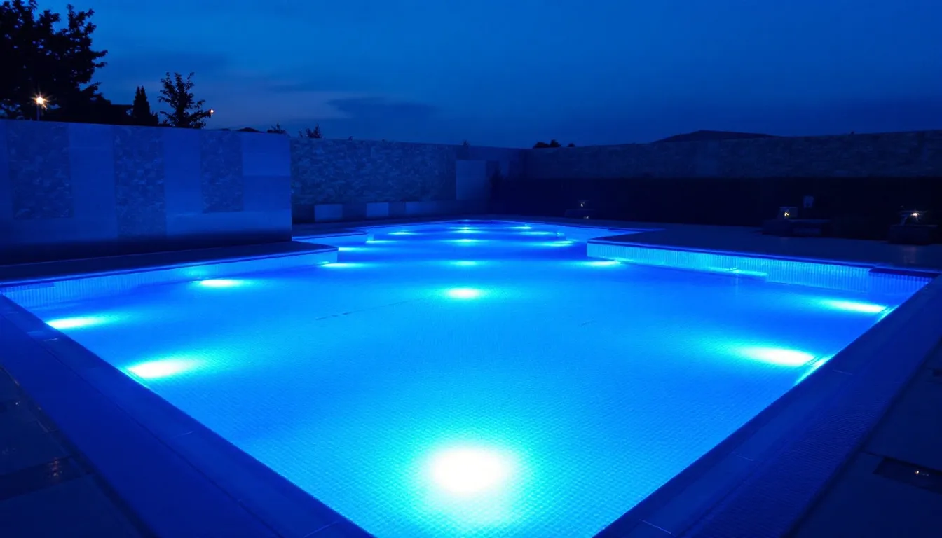 Color-changing LED pool lights creating vibrant underwater illumination at night