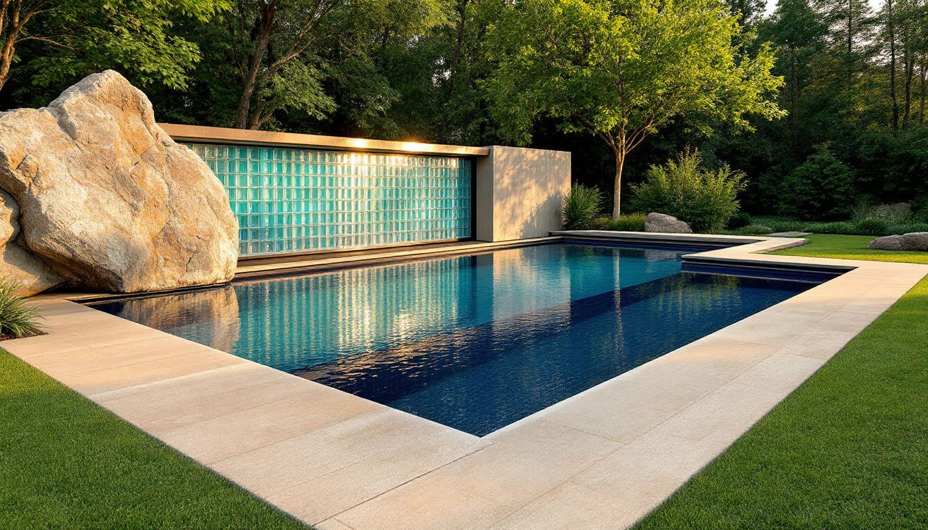 Stone and paver hardscaping surrounding a fiberglass swimming pool