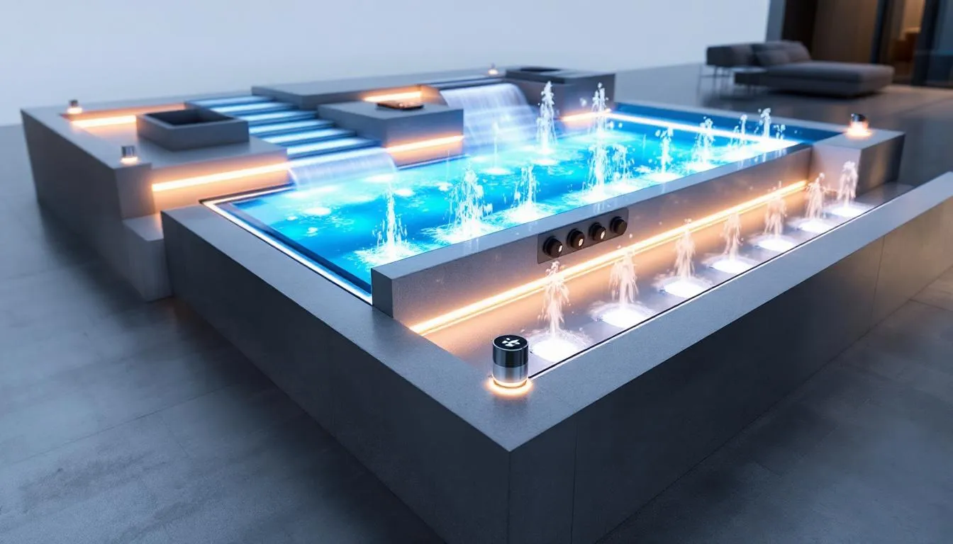 Cascading waterfall and fire feature on a luxury residential pool