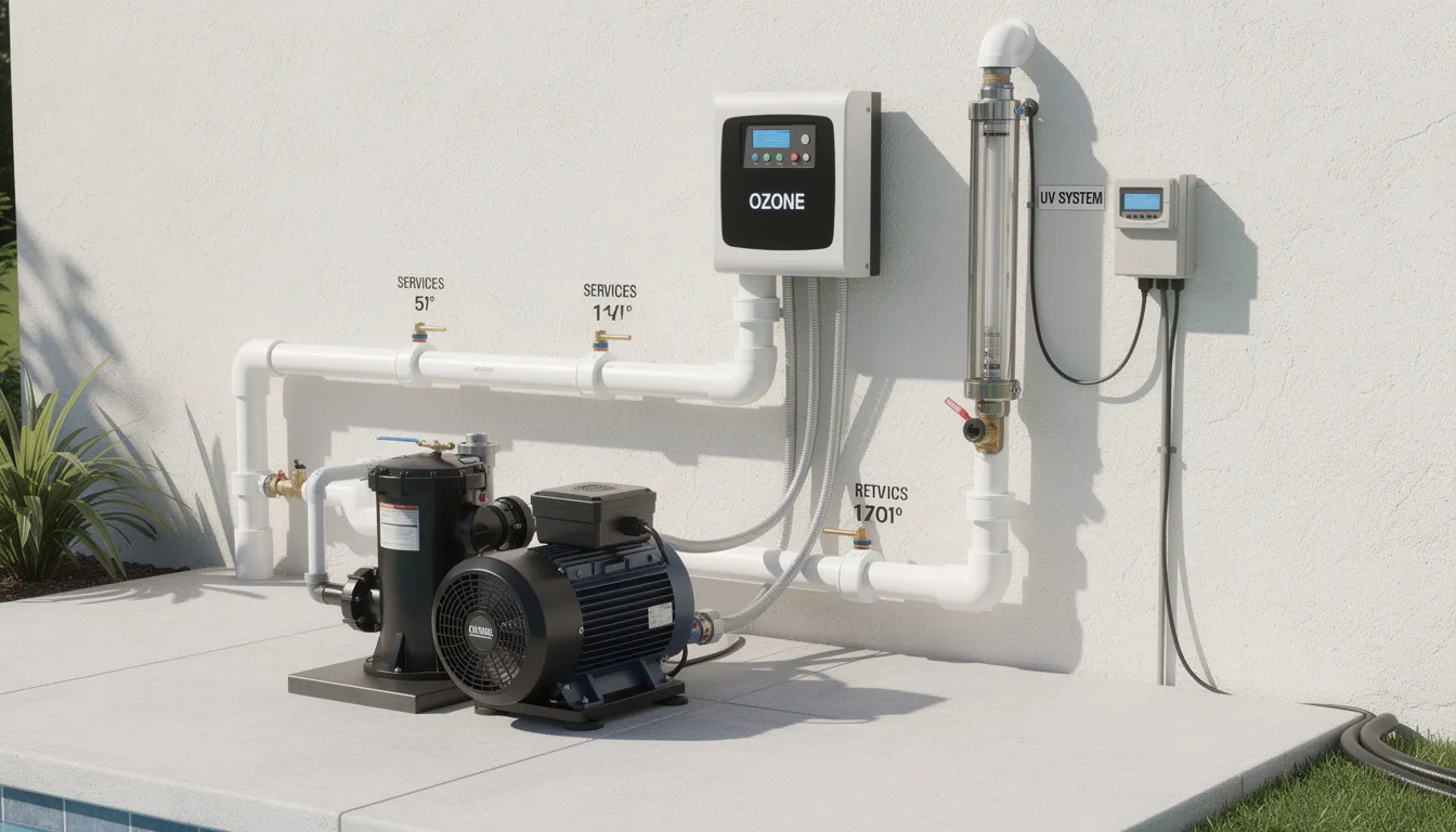 Family swimming in a clean residential pool with advanced water treatment