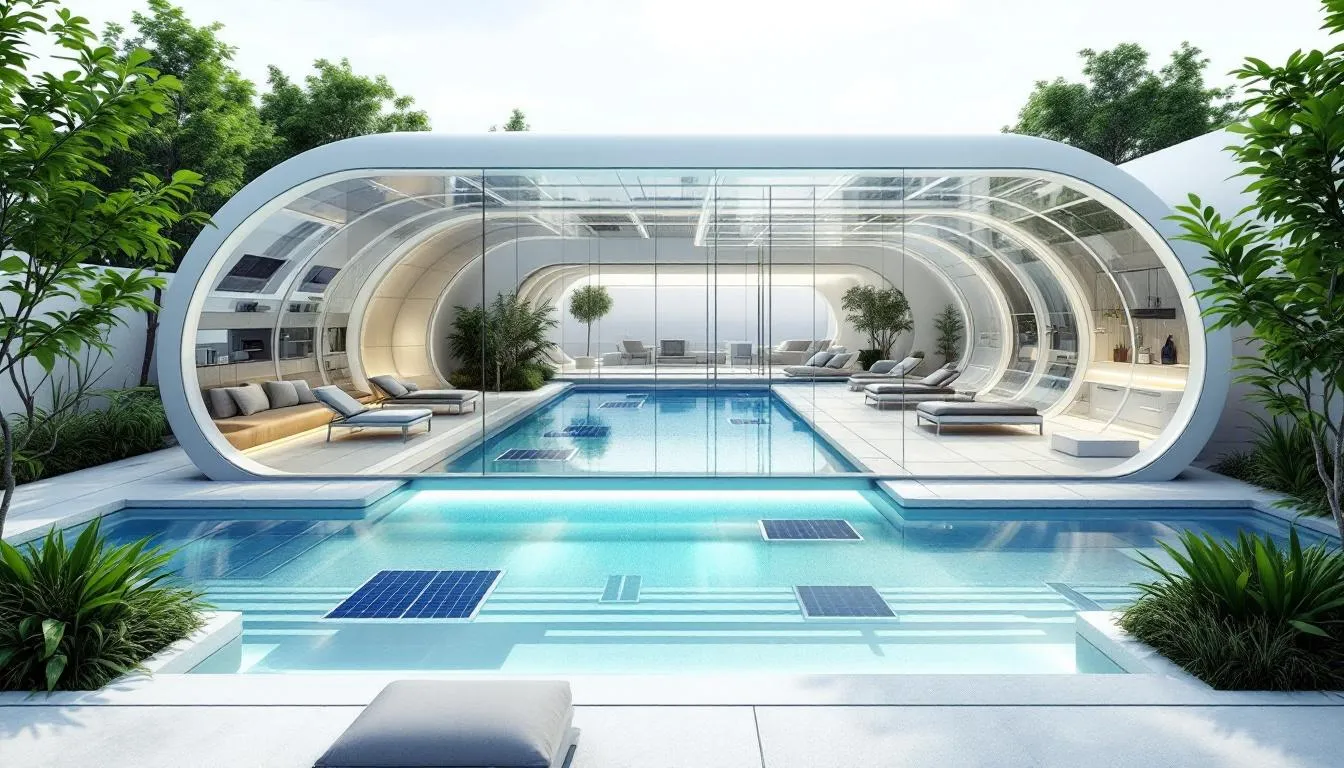 Eco-friendly swimming pool with solar heating and natural landscaping