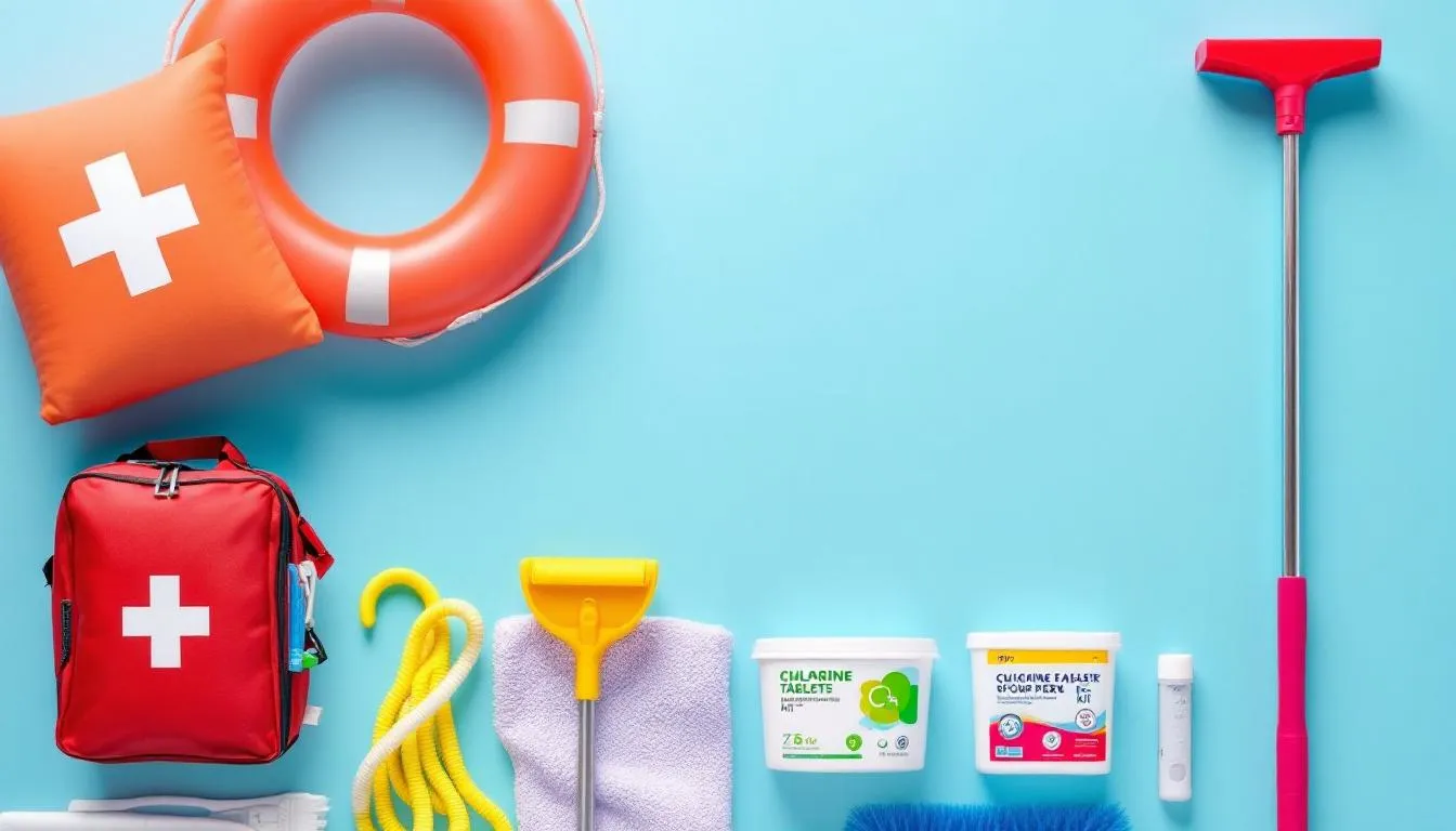 Pool safety emergency equipment including life ring and first aid kit