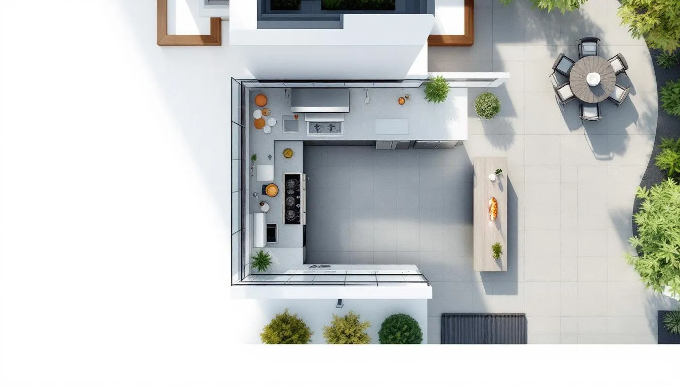 Outdoor kitchen layout design plan with L-shaped counter and pool view