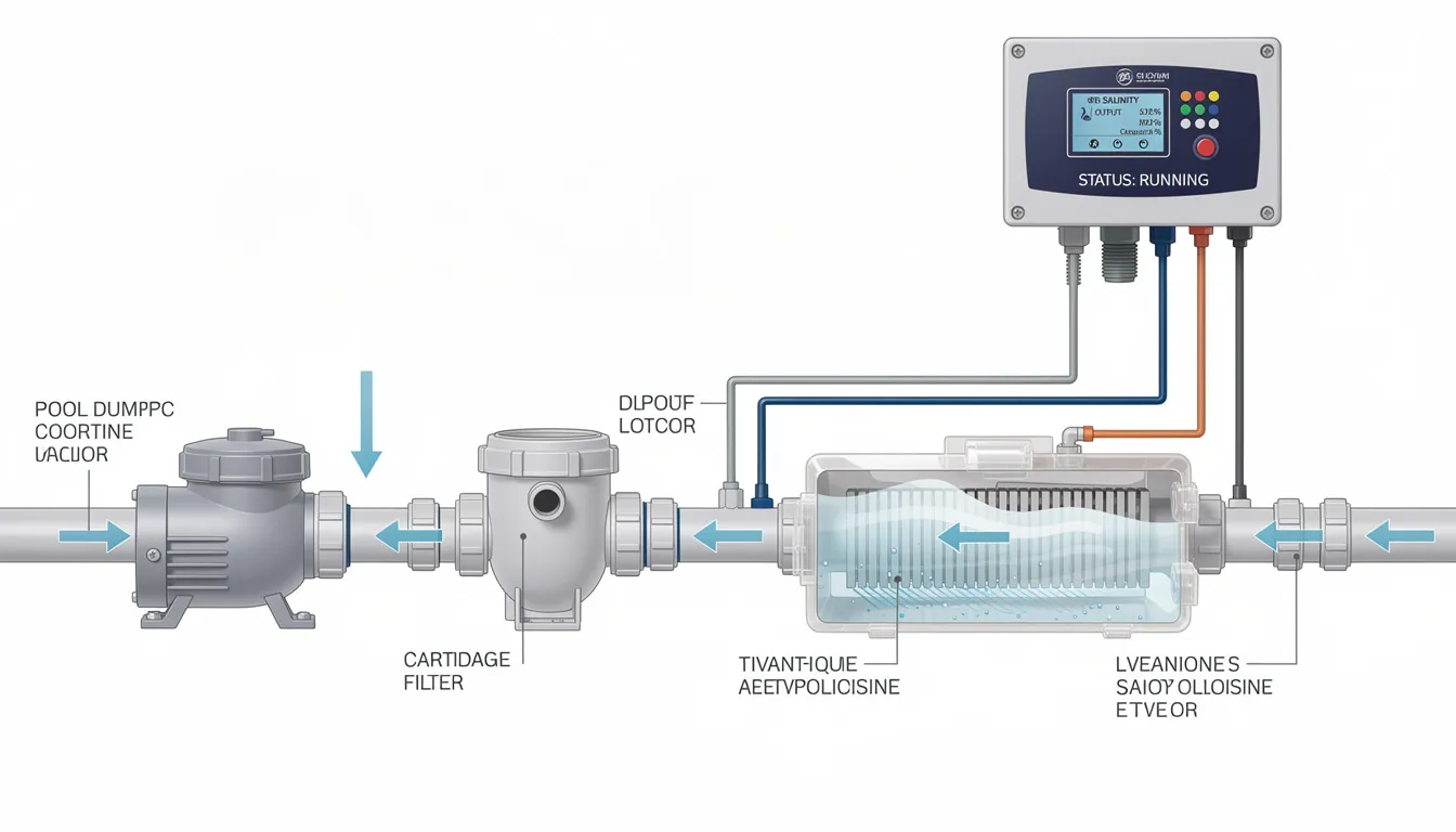Salt chlorinator cell and control board for a residential swimming pool