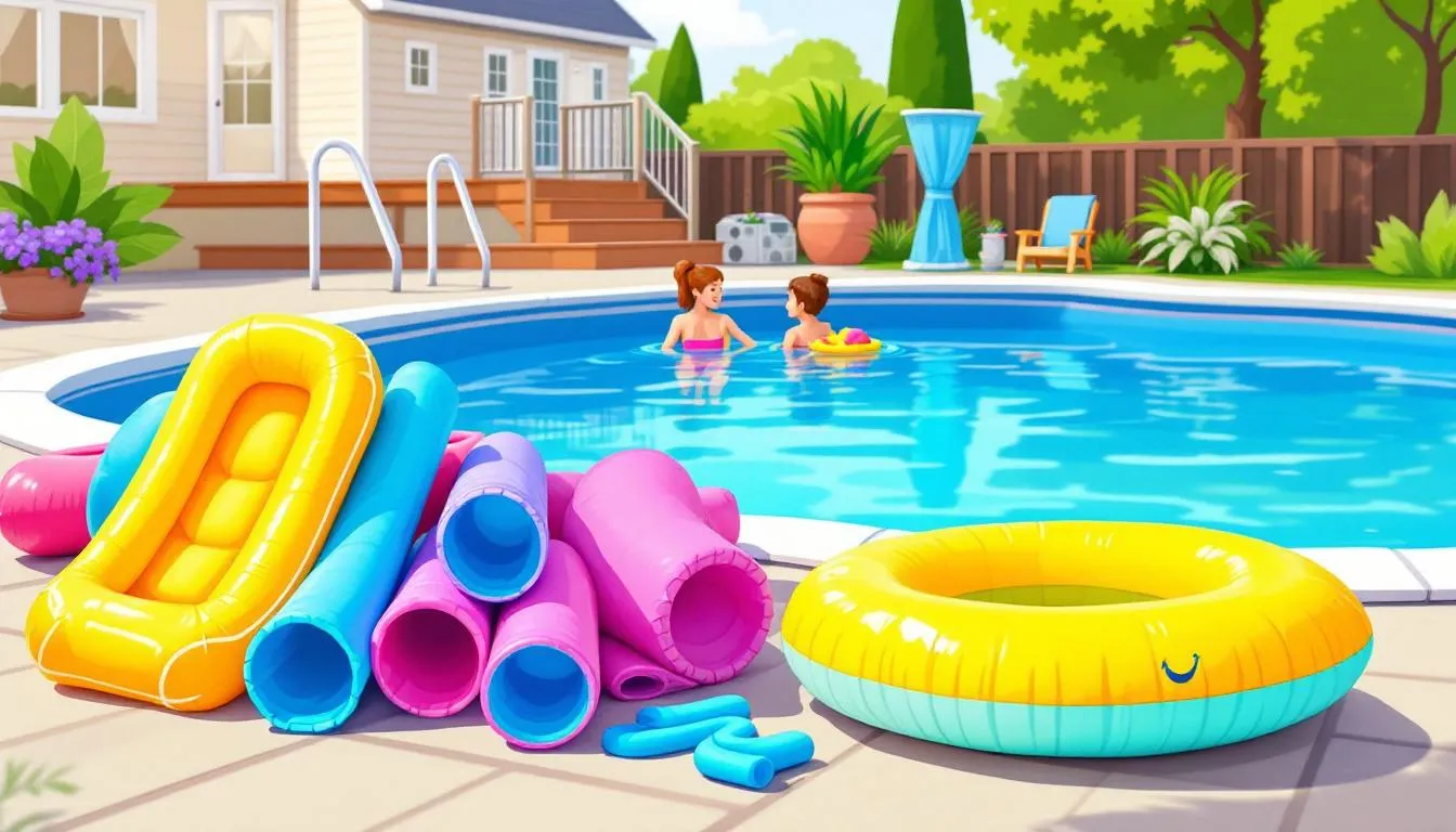 Slip-resistant pool deck with approved safety toys near a swimming pool
