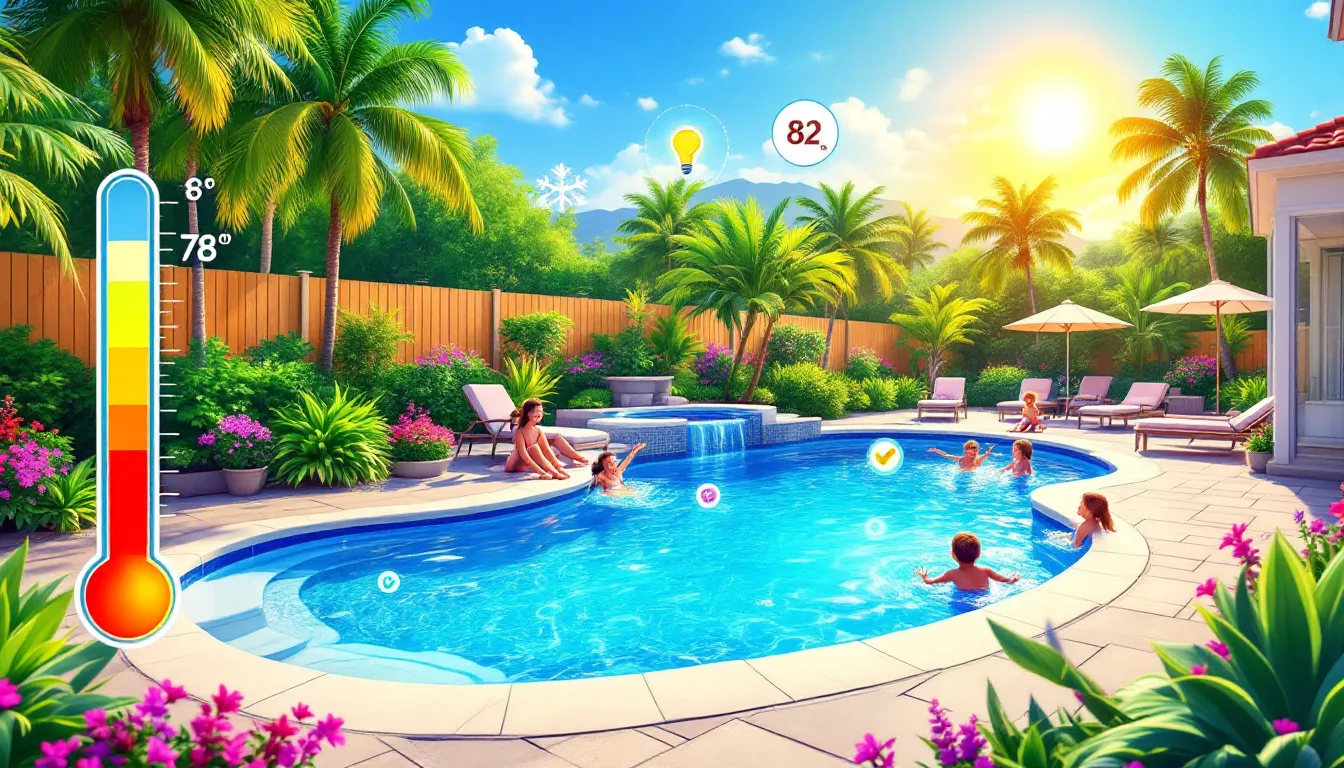 Family enjoying a heated fiberglass swimming pool during cooler weather