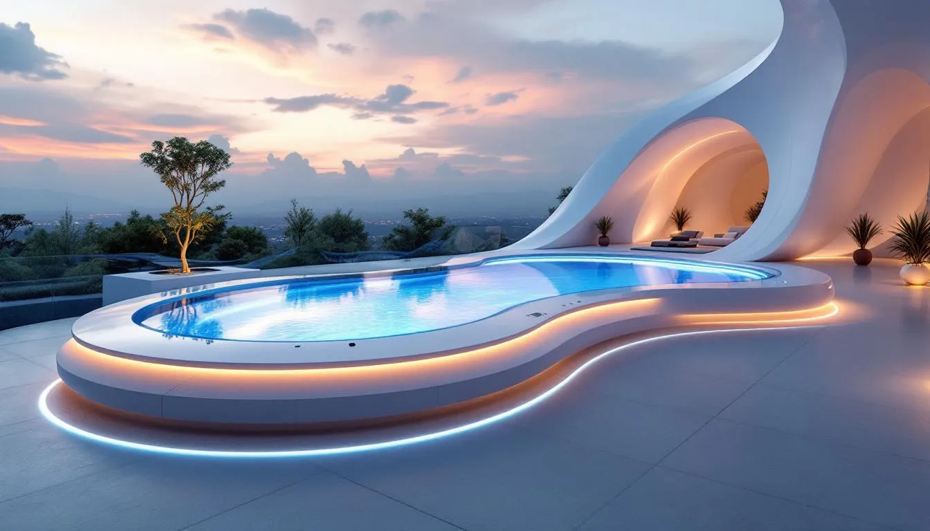 Modern multifunctional swimming pool with swim-up bar and built-in seating