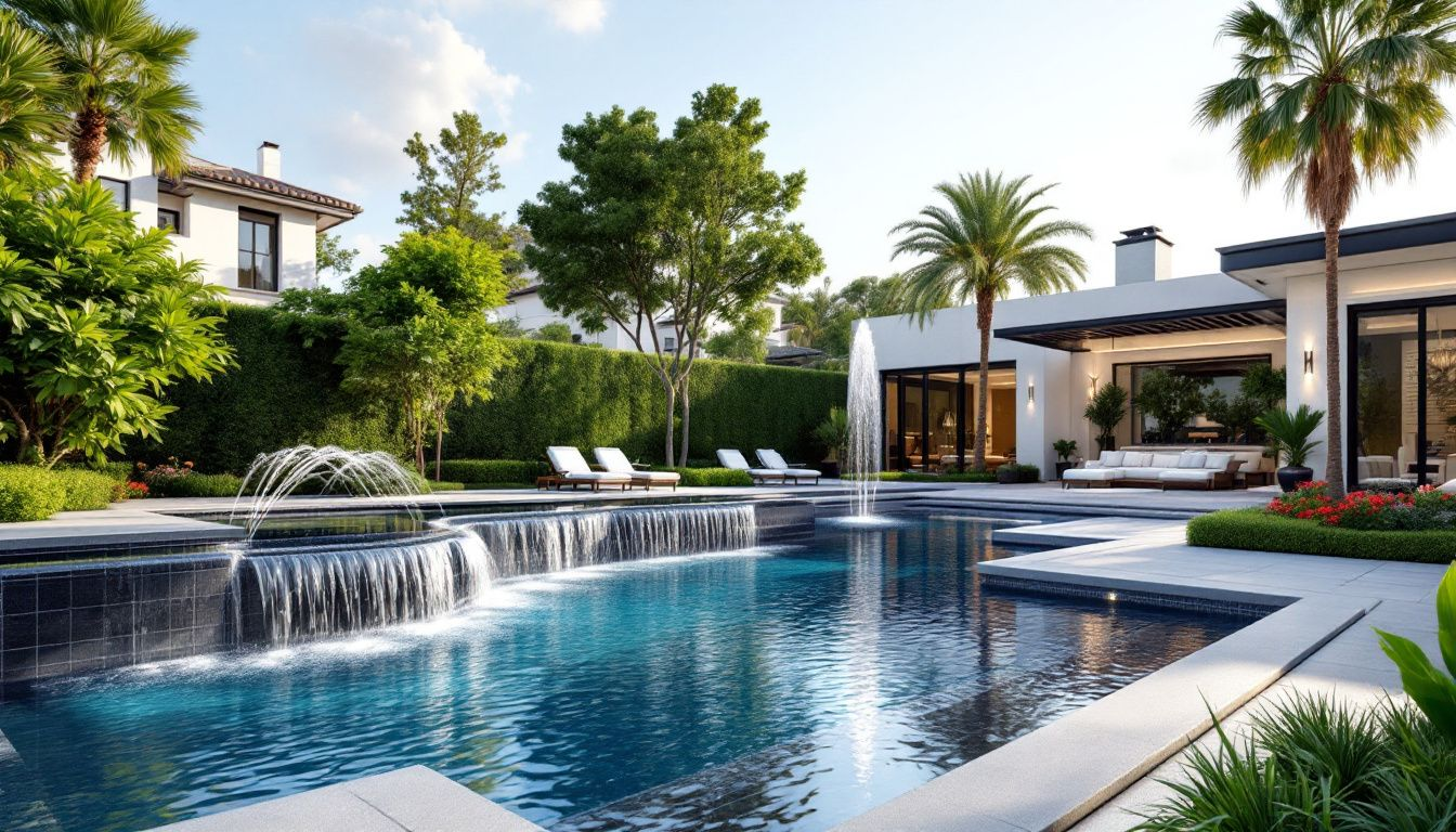 AR visualizer app showing fiberglass pool with water features in a backyard