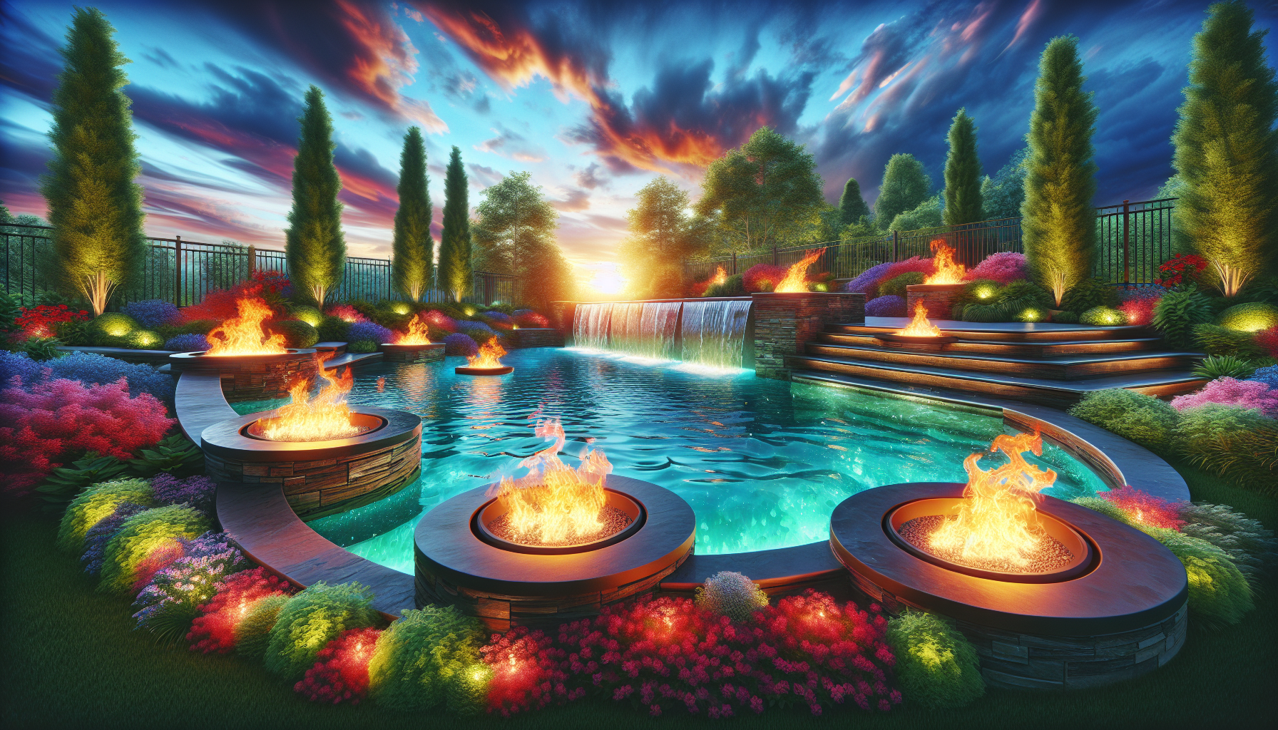 Combined fire and water bowl feature cascading into a swimming pool