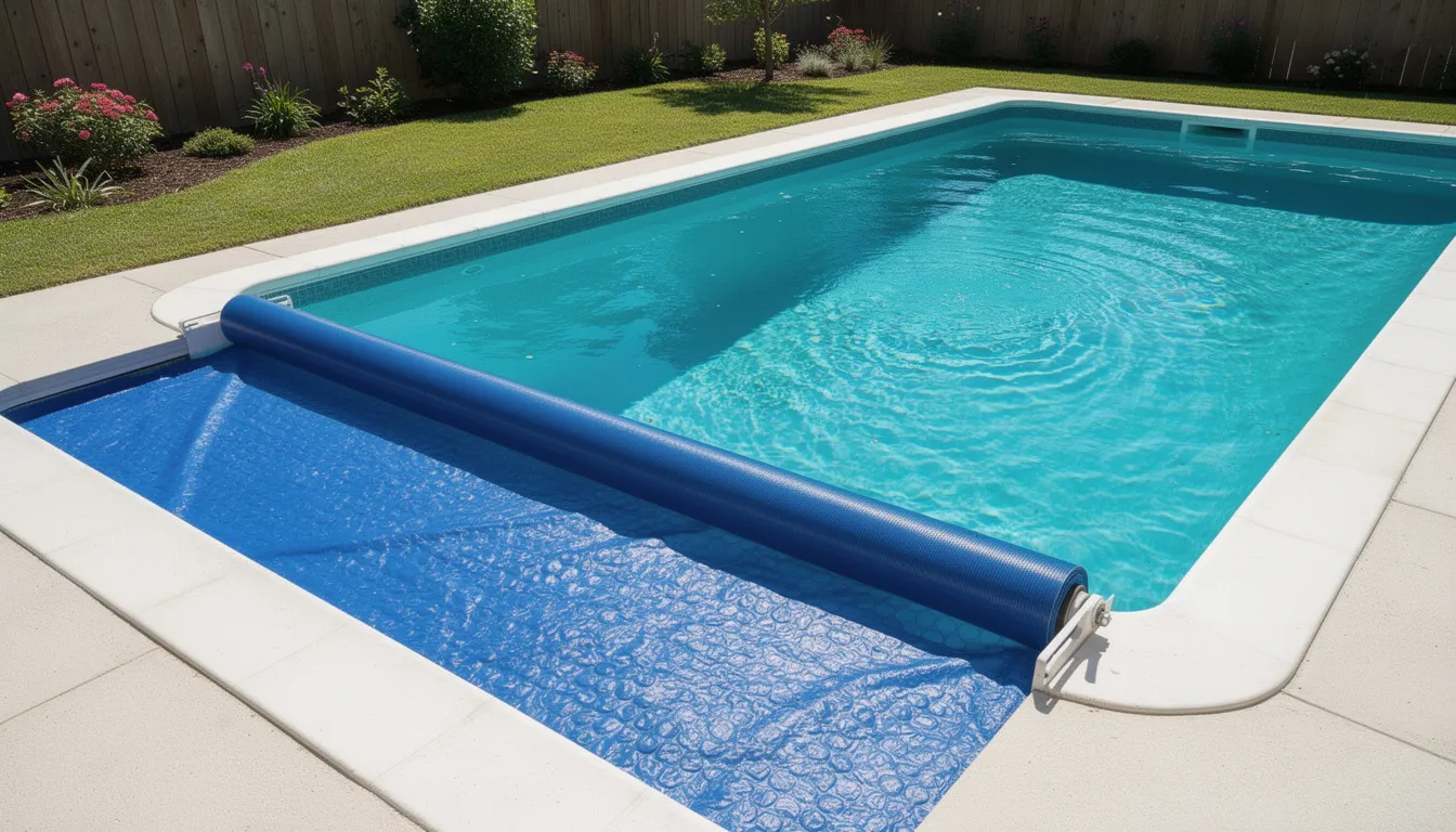 Solar pool cover on a residential swimming pool reducing heat loss