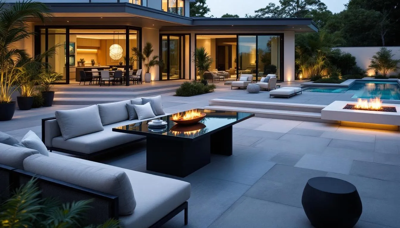 Comfortable poolside seating area with fire pit and water features