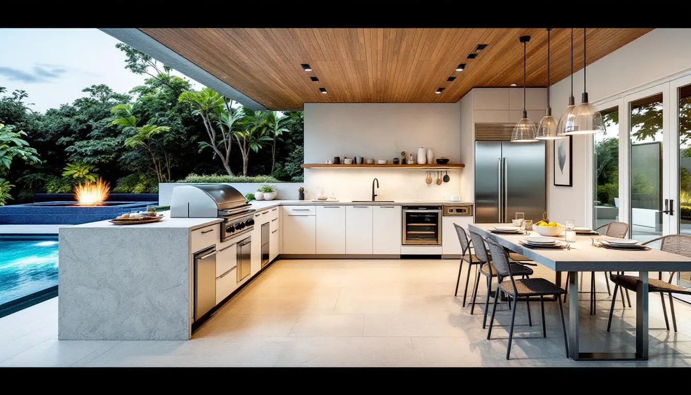 Budget breakdown for outdoor kitchen construction near a swimming pool