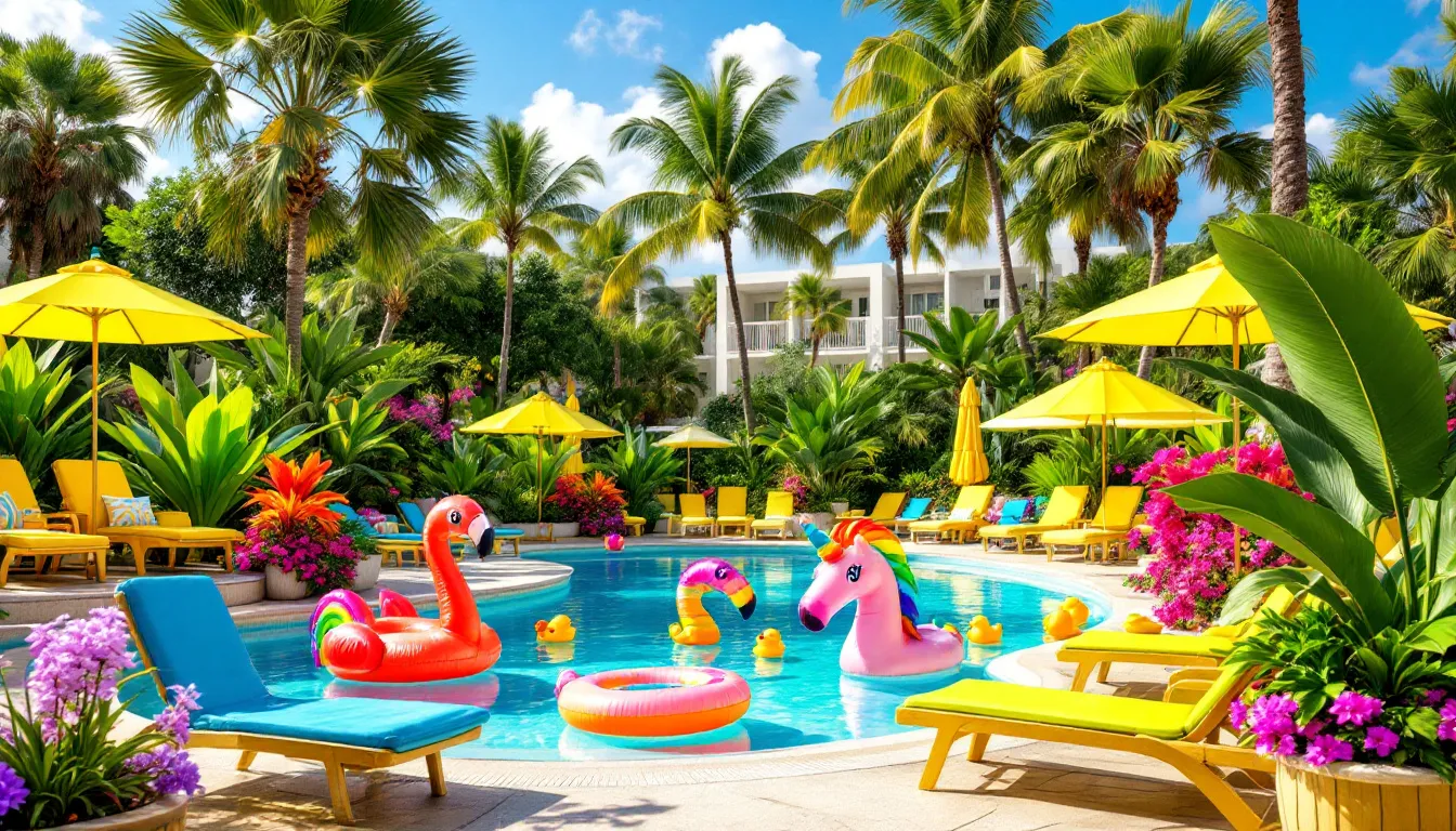 Decorated pool area set up for a fun backyard swimming pool party